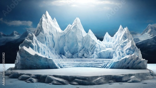 Ice background podium cold winter snow product platform floor frozen mountain iceberg. Podium glacier cool ice background stage landscape display icy stand 3d water nature pedestal. generative, ai.