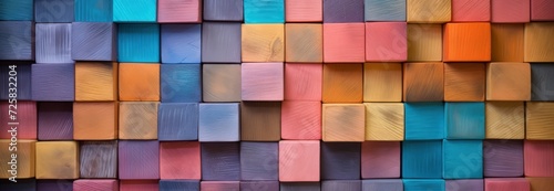 Colorful wooden blocks stack texture aligned background. AI generated image