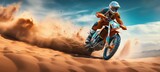 Motocross rider riding a motorbike jumping at sunset with dramatic view of dirt track. AI generated