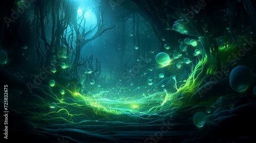 Underwater dark forest filled with glowing green algae AI Generated