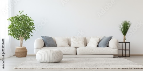 Stylish rug, white sofa, and pouf in living room. photo