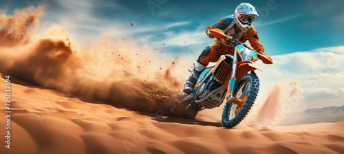 Motocross rider riding a motorbike jumping at sunset with dramatic view of dirt track. AI generated © MUCHIB