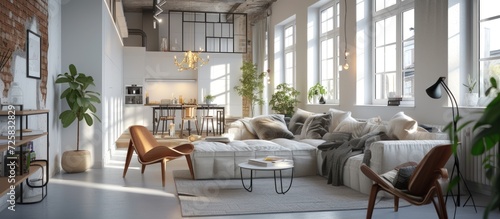 Rendering 3D Interior design modern living room scandinavian loft apartment. AI generated image photo