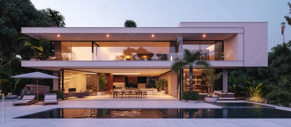 Modern luxury villa or house decoration with swimming pool at evening scene. AI generated image