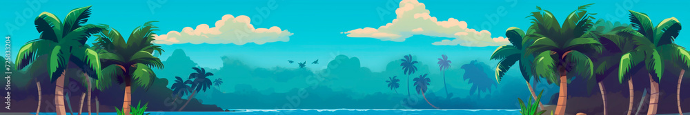 Cartoon palm groves on seashore background. Tropical green trees fluttering in wind with blue waves and islands in foggy haze