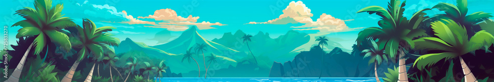 Palm trees overlooking sea and mountains background. Tropical cartoon green trees fluttering in wind with blue waves and islands in foggy haze