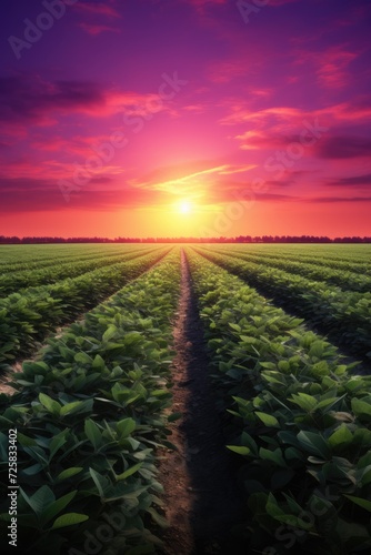 the sun is setting behind a field of bean plants