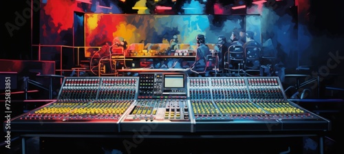 Sound audio mixer panel in recording studio scene. AI generated image photo