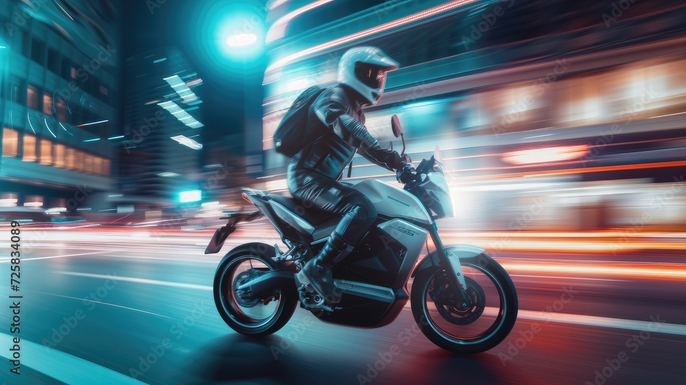 Fototapeta premium motorcycle delivery with a detailed shot of a delivery rider's backpack specifically designed for transporting goods, demonstrating its practicality in urban settings.