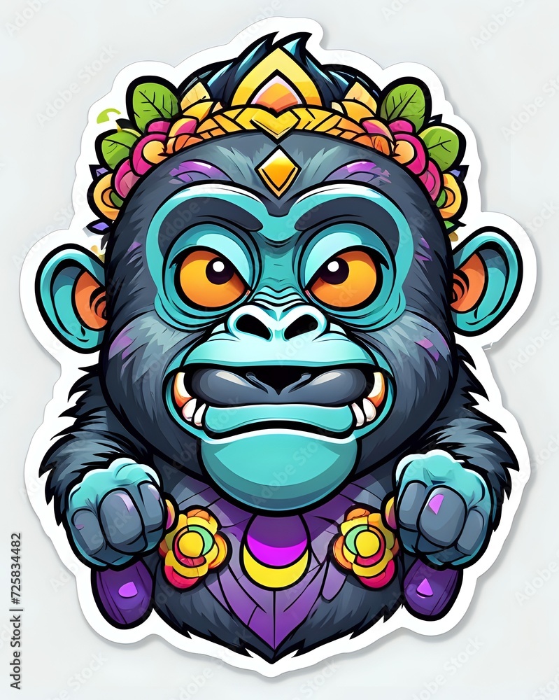 Fototapeta premium Illustration of a cute Gorilla sticker with vibrant colors and a playful expression