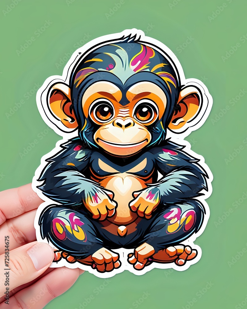 Obraz premium Illustration of a cute Chimpanzee sticker with vibrant colors and a playful expression