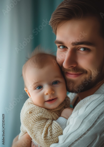 happy father holding a newborn baby in his arms, handsome smiling man, parent, family, infant, kid, child, son, daughter, love, hugs, room, tenderness, father's day