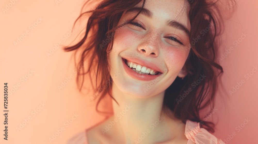 Closeup portrait of a beautiful woman in modern pastels and glitter makeup against a soft pastel background. Closeup portrait of a beautiful woman in modern pastels and glitter makeup against a soft pastel background.