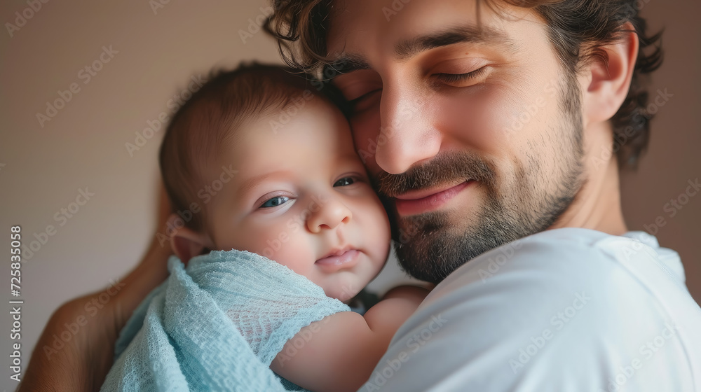 happy father holding a newborn baby in his arms, handsome smiling man, parent, family, infant, kid, child, son, daughter, love, hugs, room, tenderness, father's day happy father holding a newborn baby in his arms, handsome smiling man, parent, family, infant, kid, child, son, daughter, love, hugs, room, tenderness, father's day