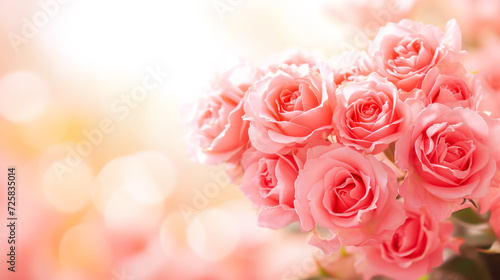 Holiday flowers backdrop with soft tender pink rosses in full bloom against blurred bokeh background. Template of card for mothers day  woman s day  valentines day  8 march or birthday