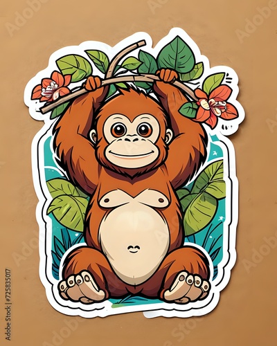 Illustration of a cute Orangutan sticker with vibrant colors and a playful expression photo