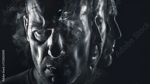splitted black and white man faces in smoke, generative ai