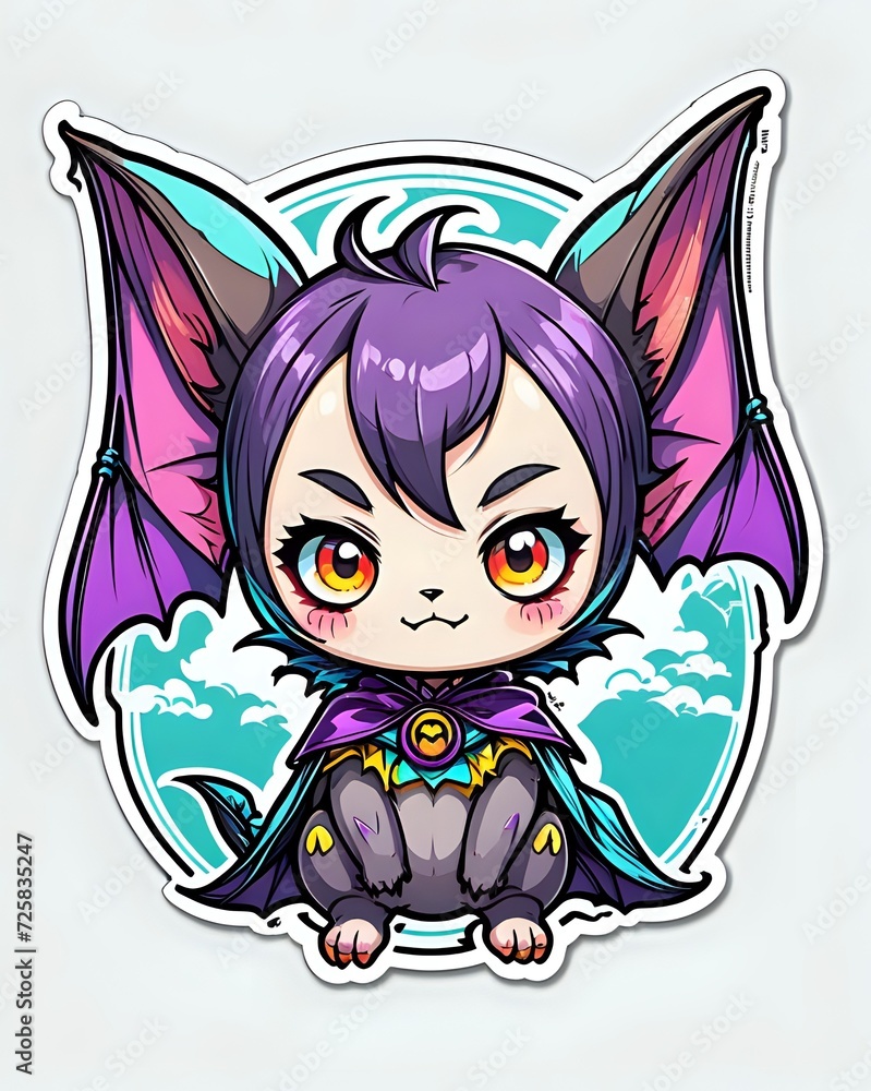 Illustration of a cute Bat sticker with vibrant colors and a playful expression Illustration of a cute Bat sticker with vibrant colors and a playful expression