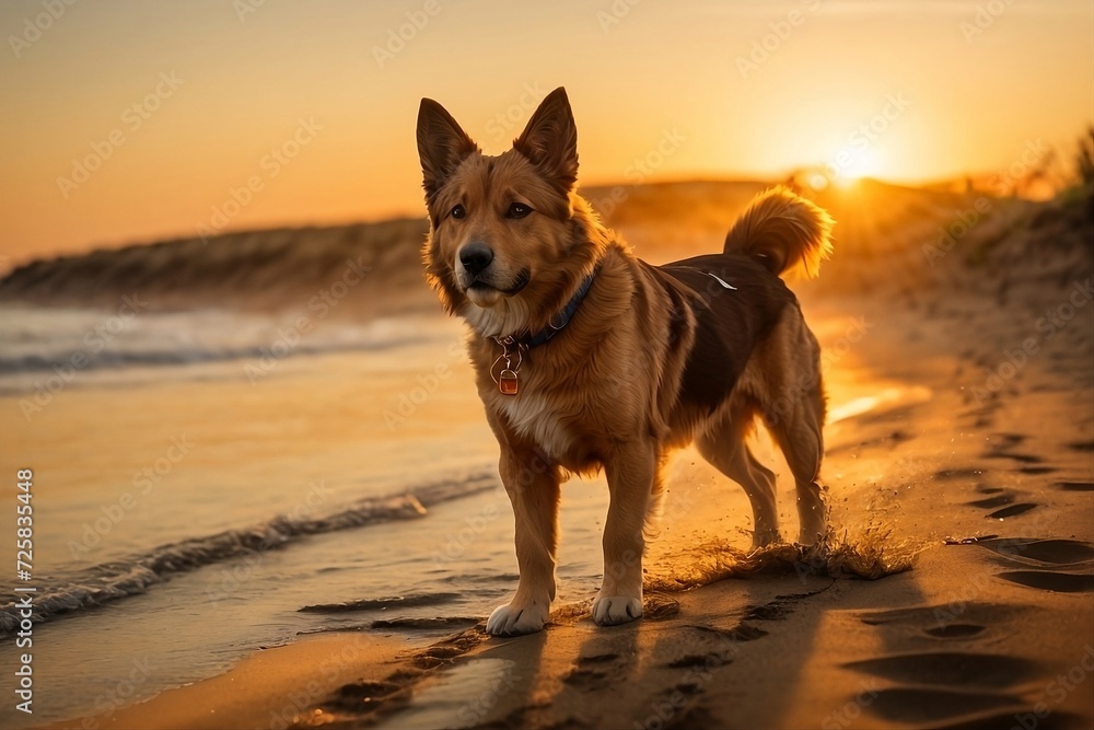 A playful dog  in the sun dips below the horizon, casting a warm glow over the beach.