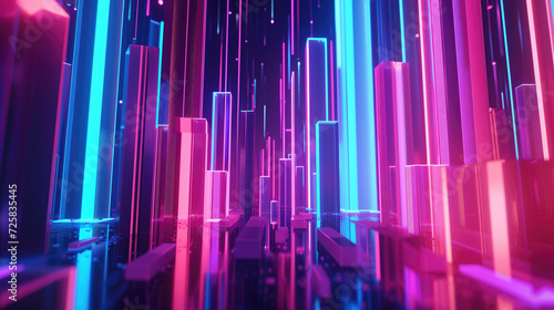 A mesmerizing digital landscape featuring towering abstract skyscrapers bathed in neon pink and blue lights, reflecting off a glossy surface.