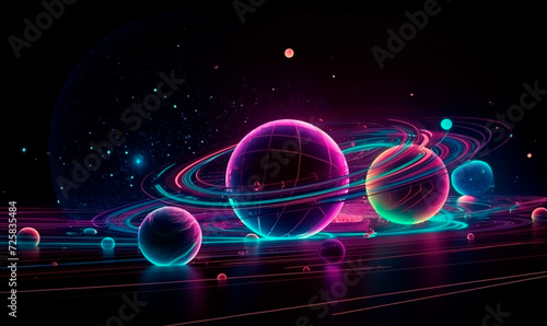 Glowing neon planets on orbit lines background. Digital 3d stars with purple round stripe of energy and whirlpool of flares in night space with futuristic light
