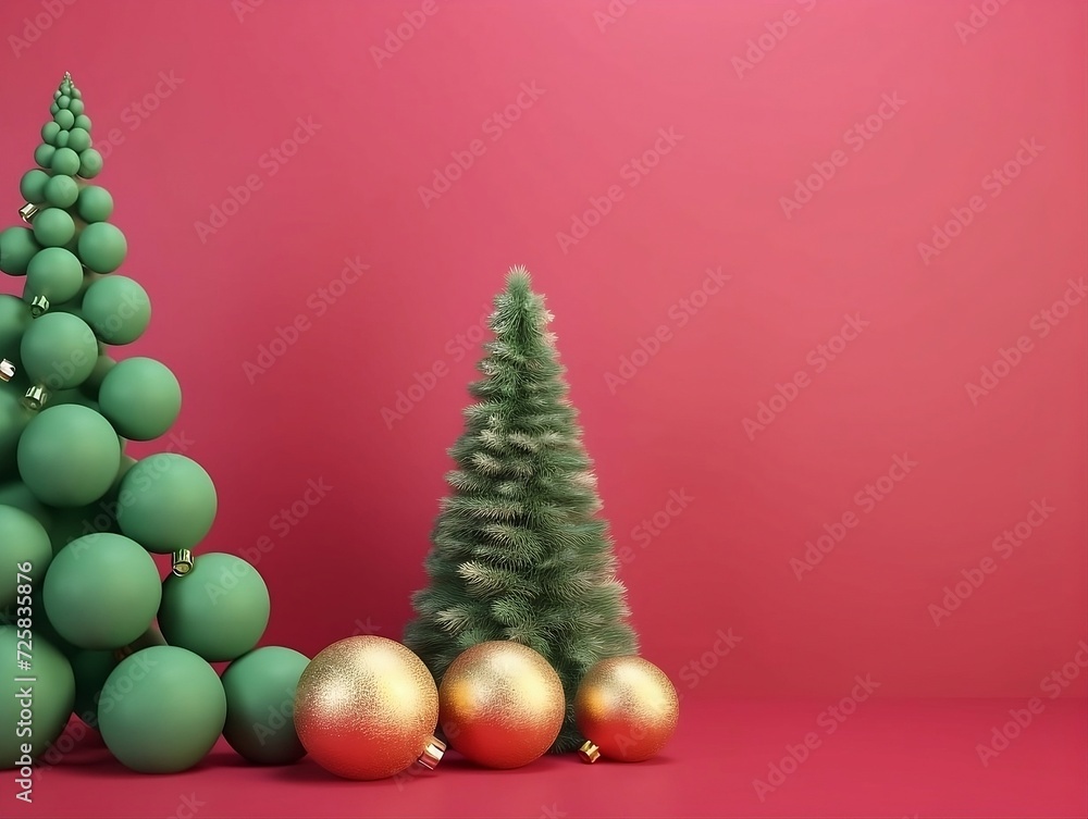 Christmas fir tree in a red background with red and gold balls with blank text space Christmas fir tree in a red background with red and gold balls with blank text space