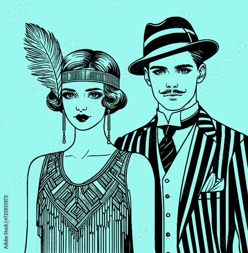 Dessin au trait - Personnage années folles - 1920 - couple en costume