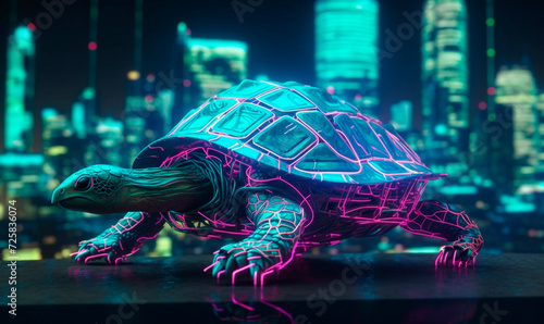 Cyber turtle with glowing wires background. Futuristic 3d digital cyborg animal with neon purple techno style design