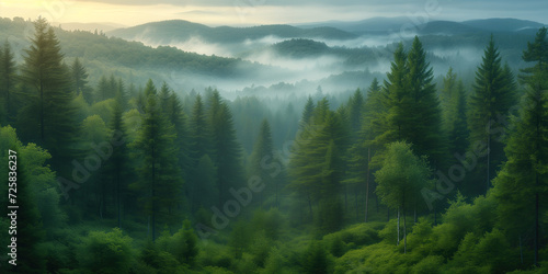 aerial view of foggy coniferous forest © Evgeny