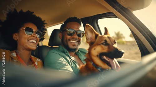 Join an African couple and their loyal dog as they hit the road for a weekend journey, merging leisure and travel in the confines of their car. © Andrey
