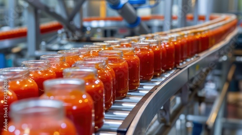 Experience the precision of a modern factory, where an automated conveyor belt facilitates the production of tomato paste in glass jars.