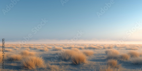 landscape of steppe plain with dry grass and bushes