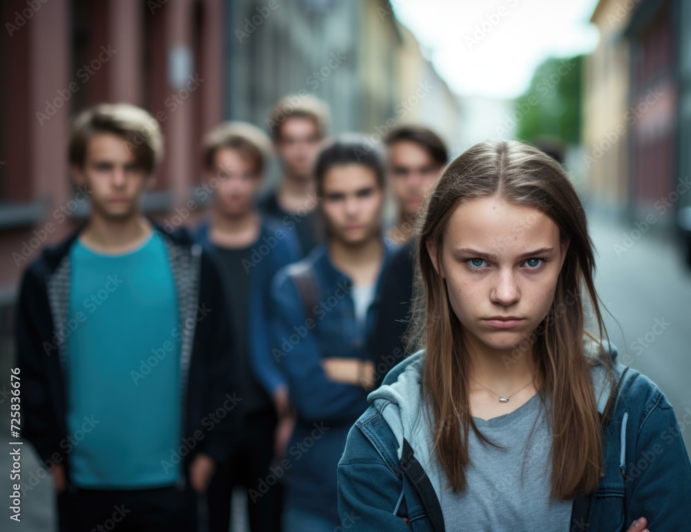 Obraz premium Teenage girl standing alone in the street with a group of people behind her. Generative AI.