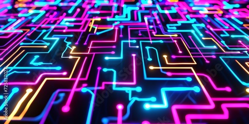 Digital neon maze, with a complex network of glowing lines in bright neon colors