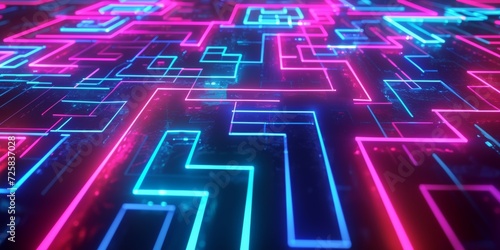 Papier peint Digital neon maze, with a complex network of glowing lines in bright neon colors