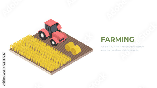 Agricultural machine isometric background with grain and harvest symbols vector illustration. Tractor with hay, farming concept.