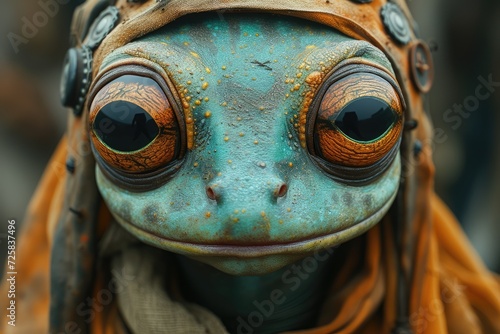 A frog statue adorned with a vibrant mask gazes stoically with piercing eyes in the tranquil outdoor setting, its expressive face and intricate head captivating all who pass by