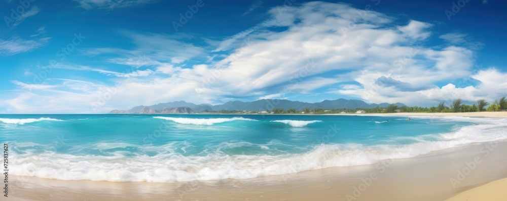 tropical beach through a panoramic view, capturing the seamless connection between the endless sky and the calming sea.