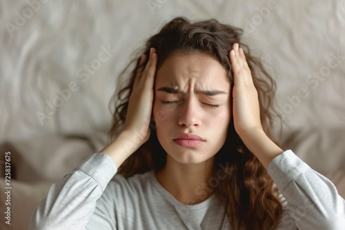 young woman with morning headache