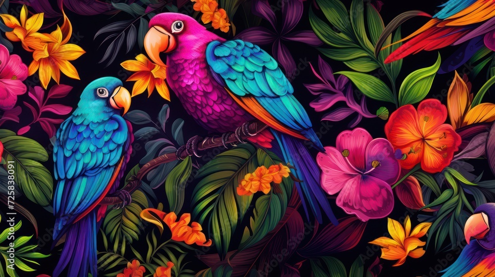 tropical rainforest aesthetics with a seamless pattern background, showcasing organic forms, vibrant hues, and the playful presence of colorful birds and flowers.