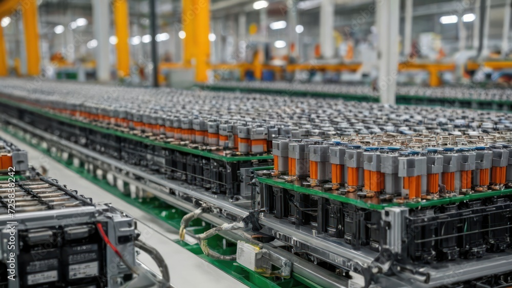 Mass production assembly line of electric vehicle battery cells close-up view.  generative, ai. - obrazy, fototapety, plakaty 