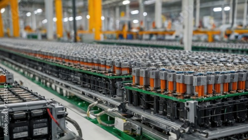 Mass production assembly line of electric vehicle battery cells close-up view. generative, ai.