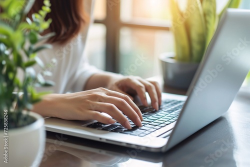 Close up of business woman hand typing on laptop computer