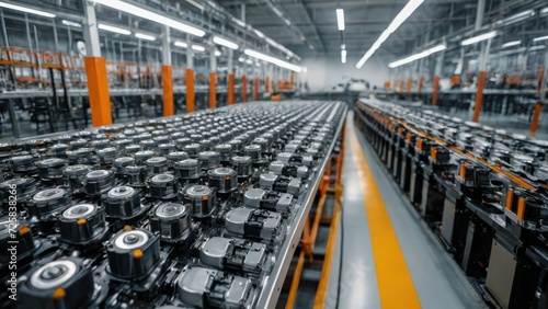 Mass production assembly line of electric vehicle battery cells close-up view. generative, ai.