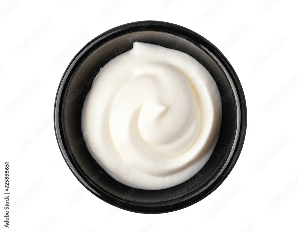 Sour cream schwarzer Schüssel isoliert auf weißen Hintergrund, Freisteller, Draufsicht Sour cream schwarzer Schüssel isoliert auf weißen Hintergrund, Freisteller, Draufsicht