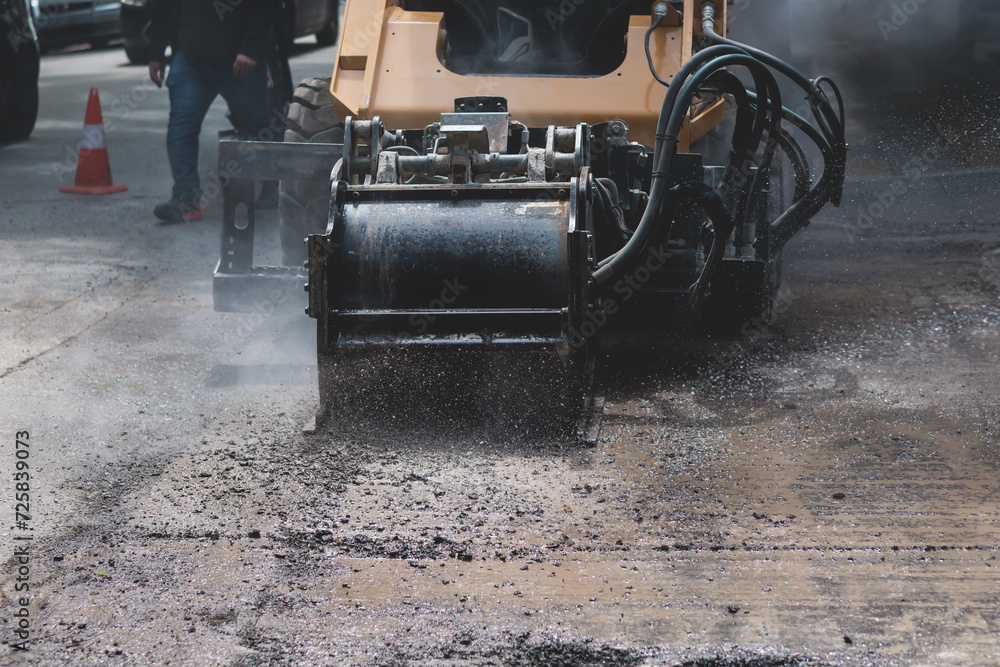 Process of asphalting, blacktopping and paving, asphalt paver machine and steam roller compactor during construction and repairing works, workers on the construction site, rental vehicle working - obrazy, fototapety, plakaty 
