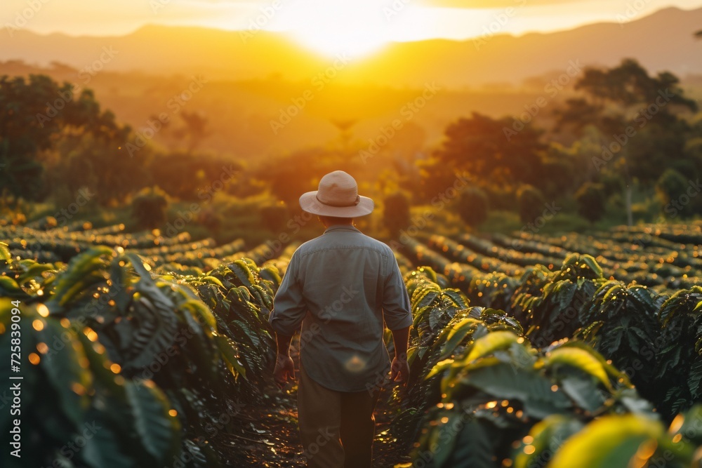 Fototapeta premium man with hat walking through a coffee field at sunrise