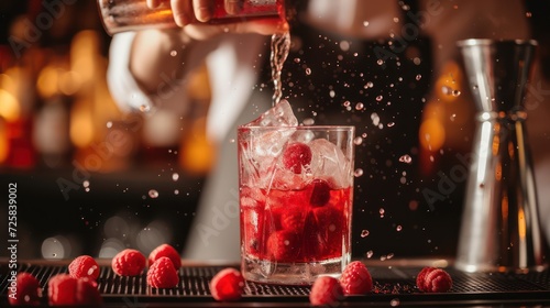 A picture of a bartender preparing a cocktail using fresh raspberries in a close-up shot. photo