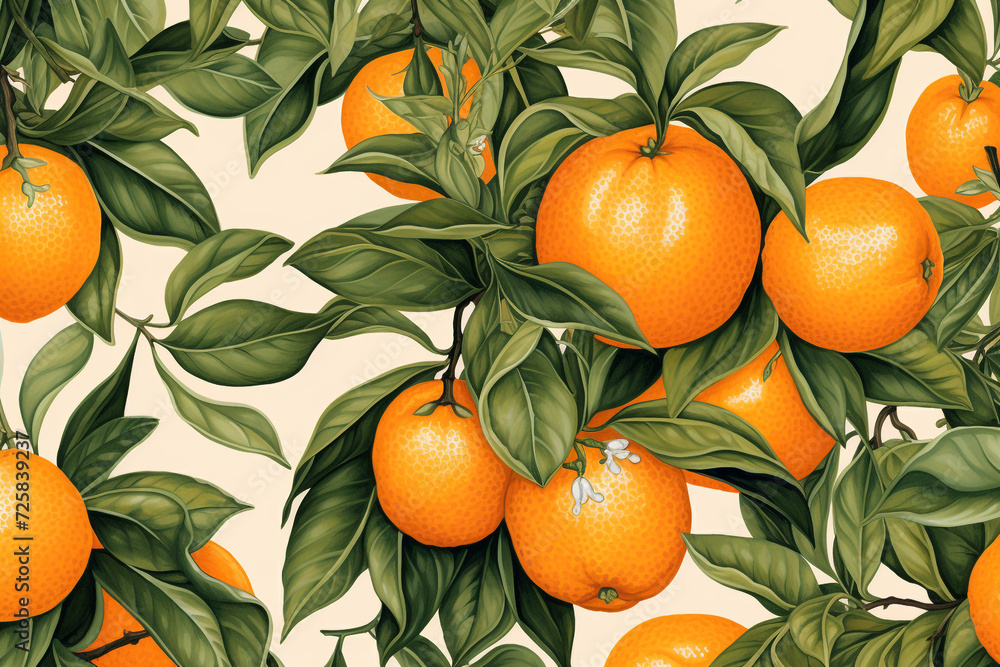 Orange plant and leafs pattern. Pencil, hand drawn natural illustration