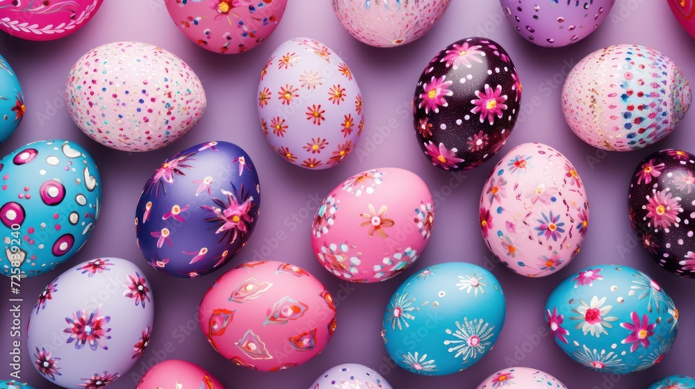 A variety of decorated Easter eggs with different patterns and colors are spread out on a pink surface in a photo collection.